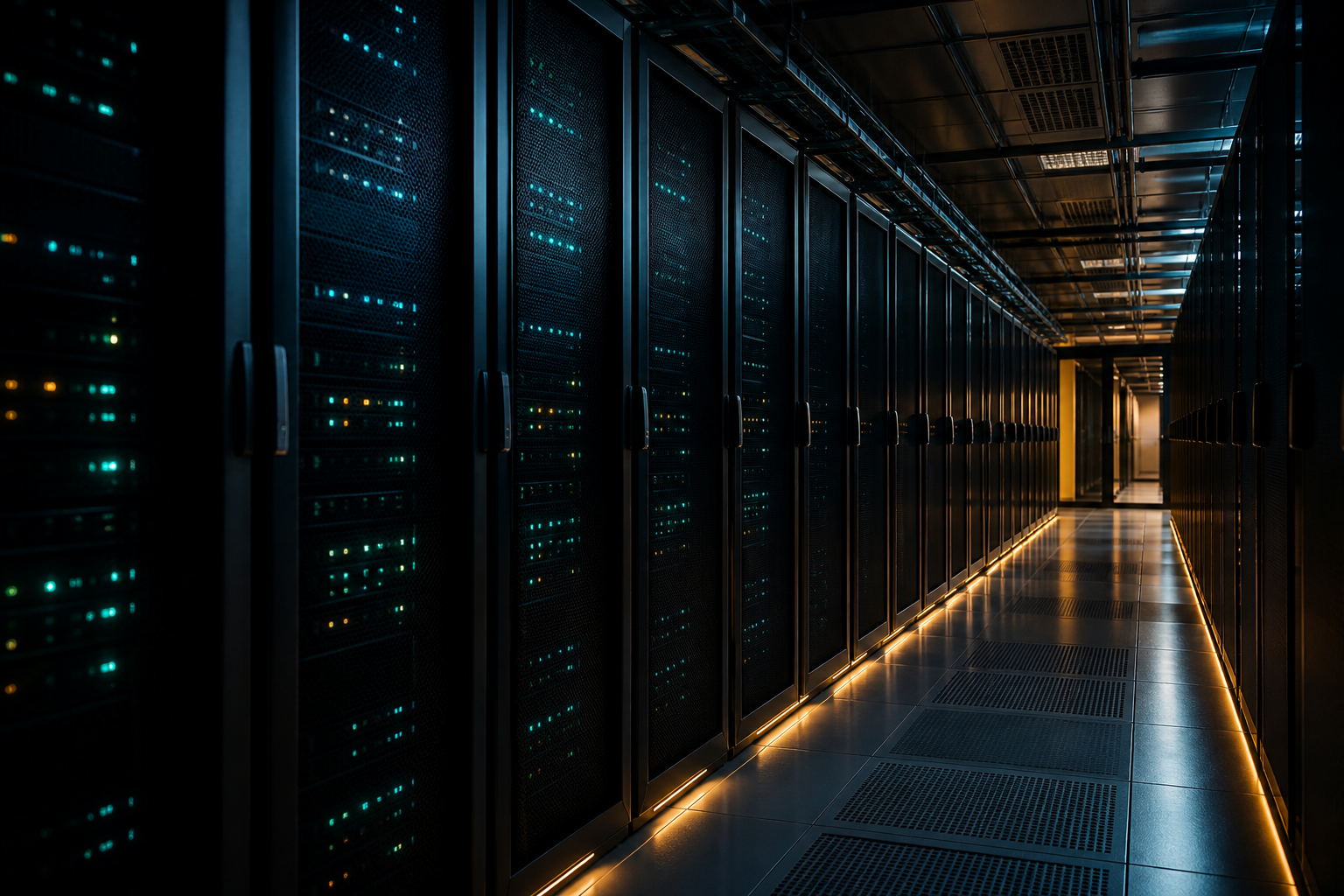 Dark data center corridor with server racks — placeholder pending Adobe Stock license